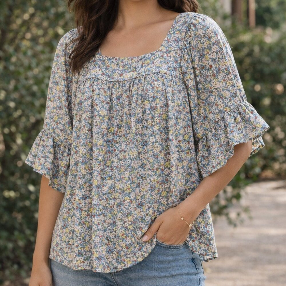 Sienna Sky Floral Blouse Small | Flutter Sleeve Cottagecore Boho Top‎